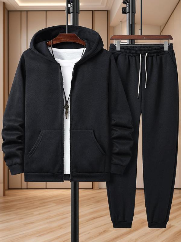 Men's Solid Zip Up Hoodie & Drawstring Waist Sweatpants Two-Piece Set, Casual Regular Fit Long Sleeve Hooded Sweatshirt & Jogger Pants for Daily Wear, Men's Two-piece Outfits for All Seasons