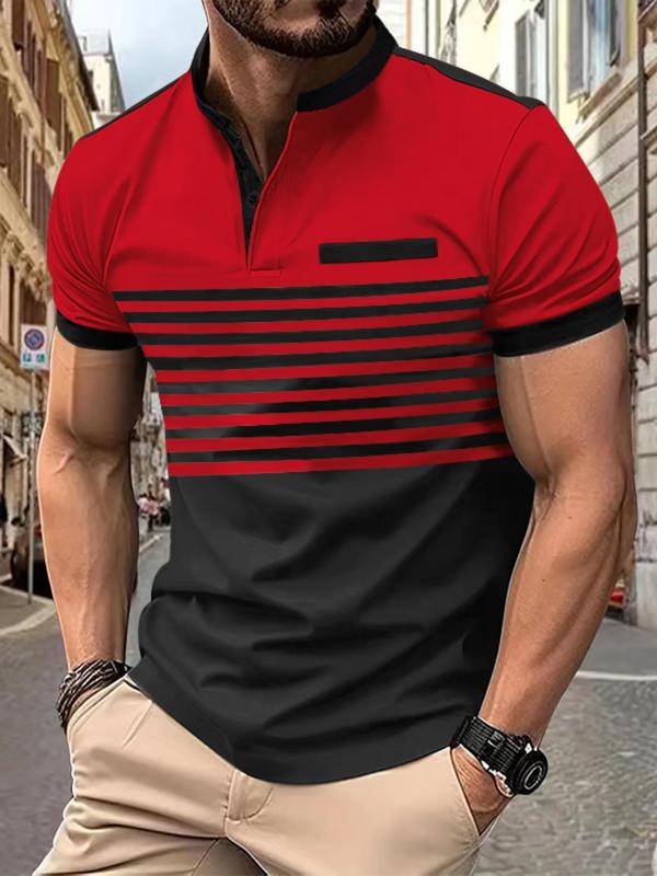 Men's Colorblock Striped Print Polo Shirt, Regular Fit Casual Business Short Sleeve Button Front Top for Summer, Fashion Men's Clothes for Daily Wear