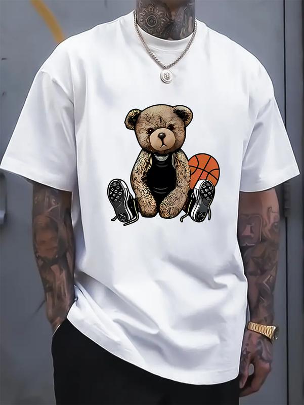 Mens Cotton Crew Neck Short Sleeve T-Shirt - Soft & Breathable Summer Tee with Cool Bear & Basketball Alphabet Print, Machine Washable, Regular Fit, Knit Fabric - Perfect for Streetwear Fashion