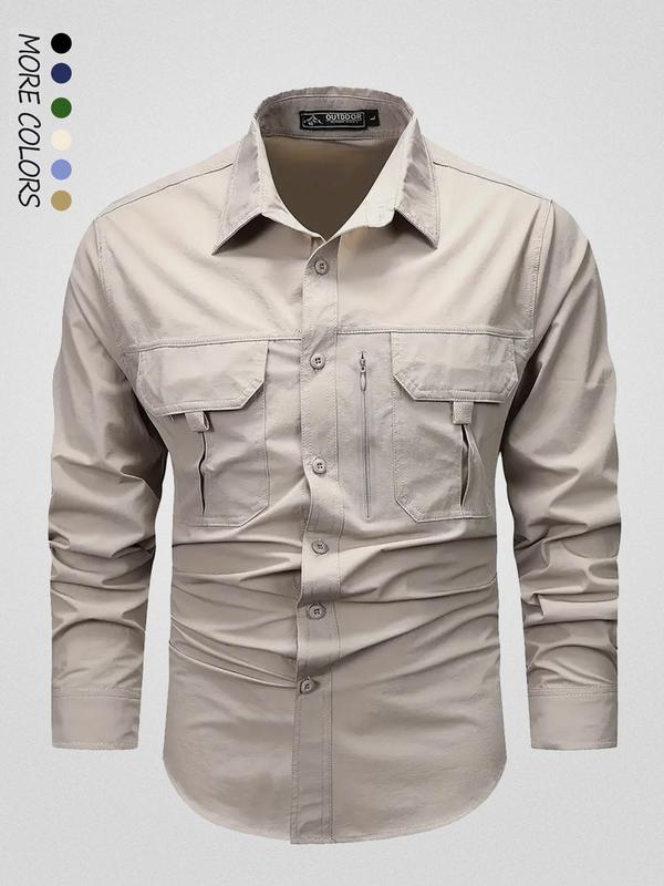 Men's Solid Pocket Button Front Shirt, Regular Fit Casual Long Sleeve Collared Top for Fall, Fashion Men's Clothes for Daily Wear