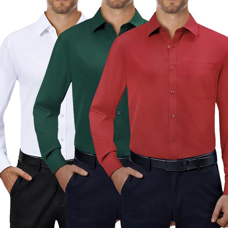 3-Pack Mens  4-way Streth Long Sleeve Collared Solid Wedding Dating Button Down Dress Shirts