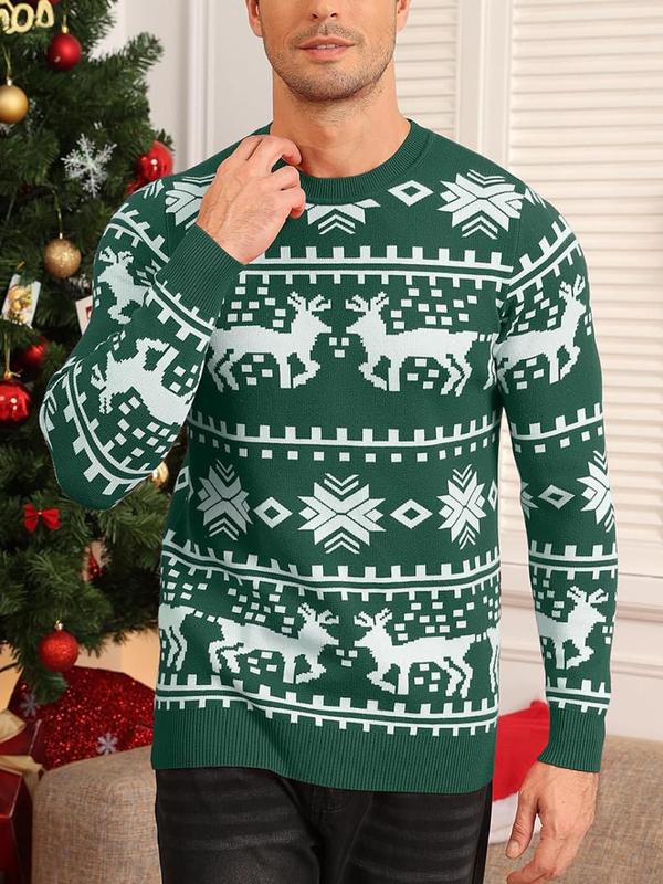 Men's Christmas Print Round Neck Sweater, Regular Fit Casual Long Sleeve Crew Neck Jumper for Fall & Winter, Fashion Men's Knitwear for Daily Wear