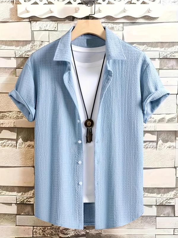 Men's Textured Button Front Shirt Without Tee & Necklace, Casual Short Sleeve Collar Shirt for Summer, Fashion Men's Top for Daily Wear