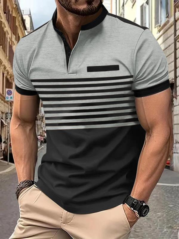 Men's Colorblock Striped Print Polo Shirt, Regular Fit Casual Business Short Sleeve Button Front Top for Summer, Fashion Men's Clothes for Daily Wear