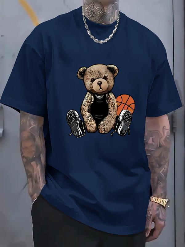 Mens Cotton Crew Neck Short Sleeve T-Shirt - Soft & Breathable Summer Tee with Cool Bear & Basketball Alphabet Print, Machine Washable, Regular Fit, Knit Fabric - Perfect for Streetwear Fashion