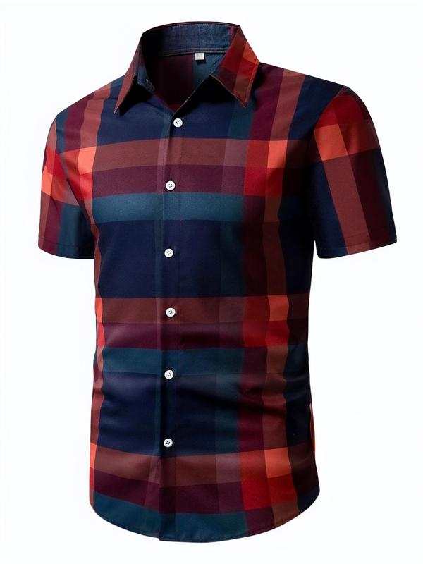 Men's Regular Fit Random Plaid Print Button Front Shirt, Shirts for Men, Casual Short Sleeve Collar Top for Summer, Fashion Men's Summer Clothes for Daily Wear