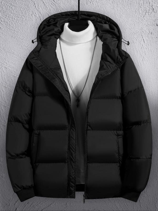 Men's Plain Pocket Zip Up Thick Warm Hooded Puffer Coat, Regular Fit Long Sleeve Padded Winter Coat, Winter Jacket, Streetwear Menswear, Coats for School, Cold Weather Gear, Coats for Men, Men Designer Clothes, College Outfits