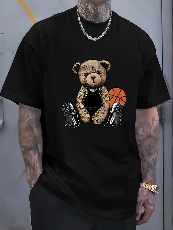 Mens Cotton Crew Neck Short Sleeve T-Shirt - Soft & Breathable Summer Tee with Cool Bear & Basketball Alphabet Print, Machine Washable, Regular Fit, Knit Fabric - Perfect for Streetwear Fashion