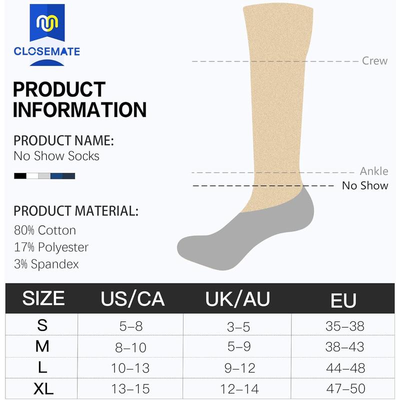 Closemate No Show Socks for Men Women Low Cut Ankle Socks 6 Pairs Invisible Cotton Socks With Non Slip Grips