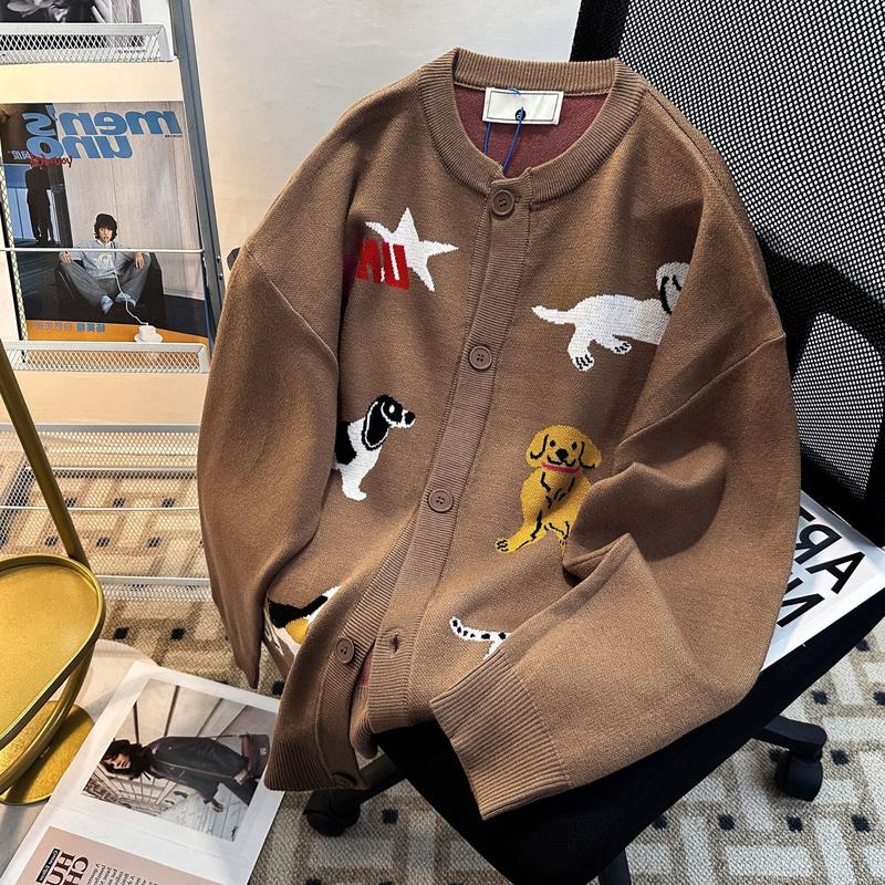 Fashion Casual Retro Cartoon Puppy Embroidered Knitted Cardigan Sweater for Men and Women New Lazy Sweater Coat Trendy Cool Handsome