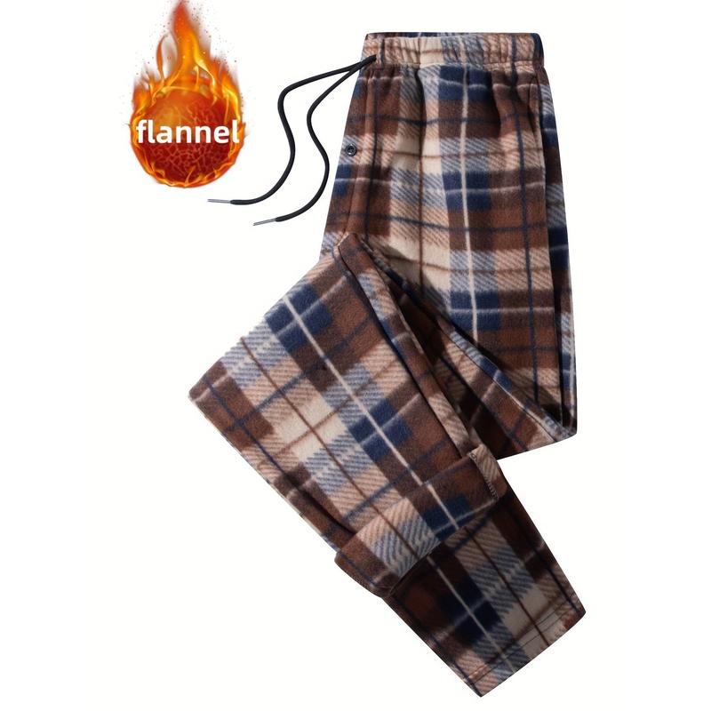 New-2pcs Plaid Pattern Men's Flannel Warm Long Drawstring Trousers With Pockets, Winter Fall Outdoor Casual Fabric