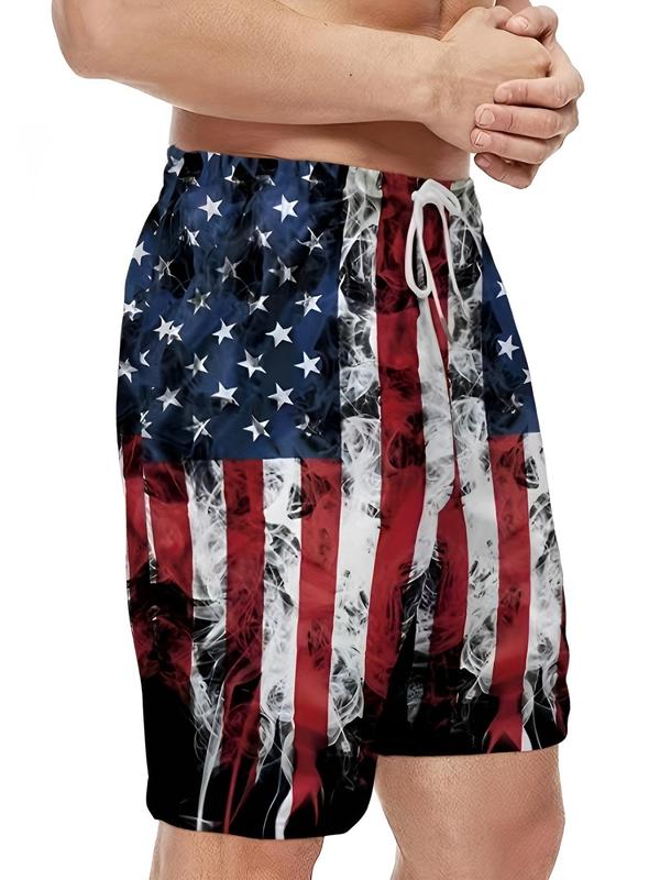 Men's Loose Flag Print Drawstring Waist 4th of July Shorts, Casual Pocket Elastic Waist Shorts for Summer, Back-to-School Clothing, Mens Bottoms for Daily Wear