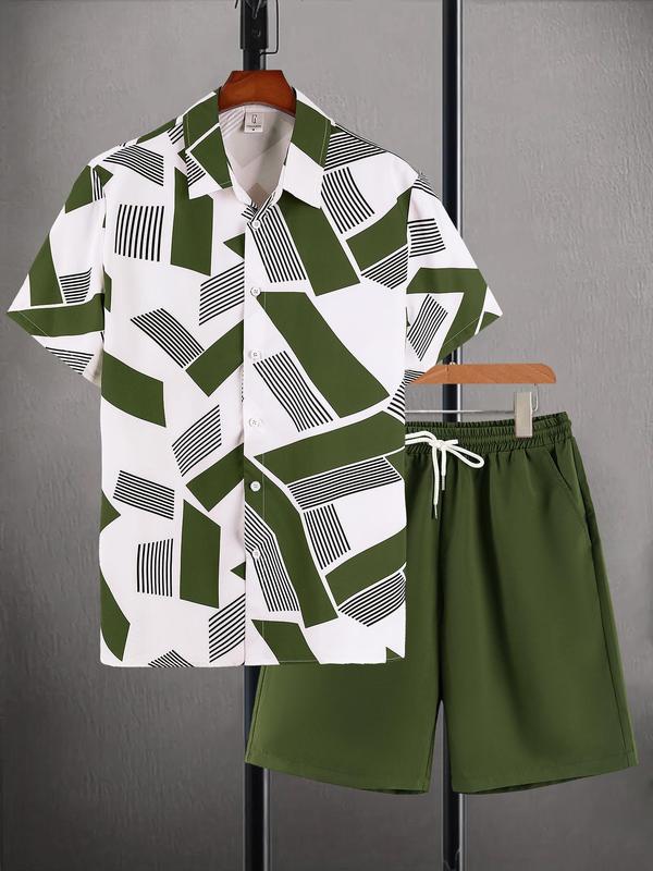 2 Pieces Men's All Over Geometric Print Button Front Shirt & Drawstring Waist Shorts Set, Summer Outfits 2024, Regular Fit Drop Shoulder Shortsleeve Top & Elastic Waist Shorts, Back-to-School Clothing, Men's Clothing