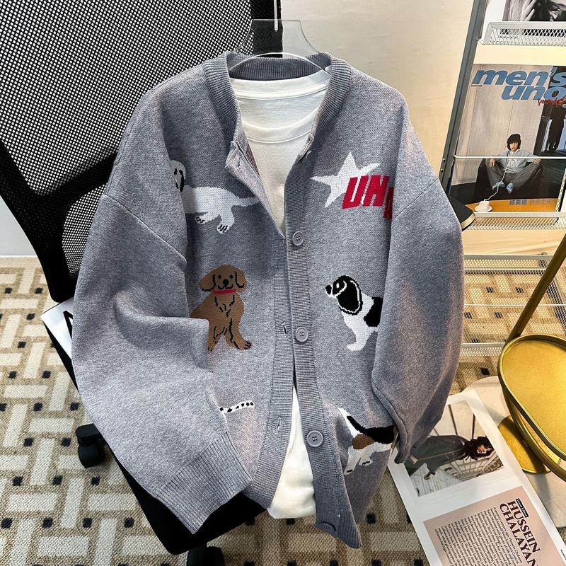 Fashion Casual Retro Cartoon Puppy Embroidered Knitted Cardigan Sweater for Men and Women New Lazy Sweater Coat Trendy Cool Handsome