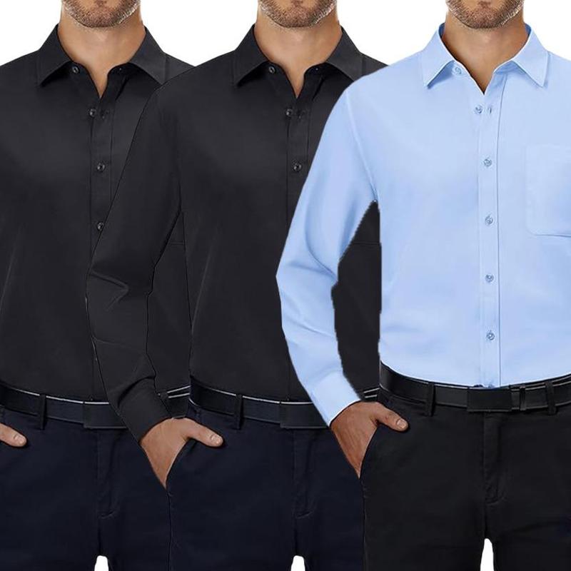 3-Pack Mens  4-way Streth Long Sleeve Collared Solid Wedding Dating Button Down Dress Shirts