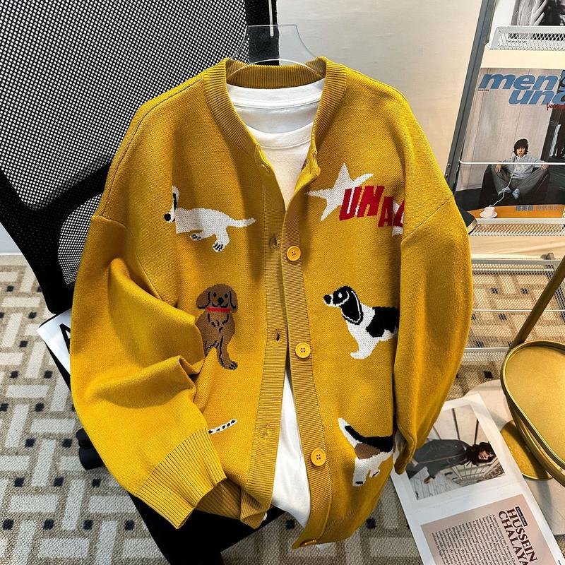 Fashion Casual Retro Cartoon Puppy Embroidered Knitted Cardigan Sweater for Men and Women New Lazy Sweater Coat Trendy Cool Handsome