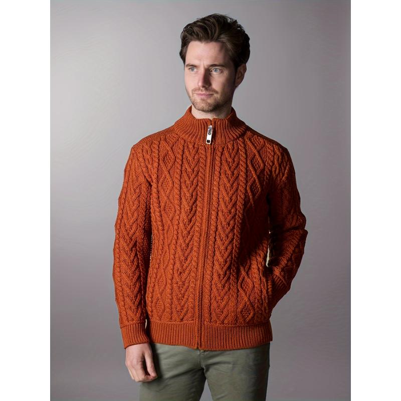 Plus Size Solid Cable Knit Men's Sweater, Band Collar Pullover For Spring Fall Winter, Men's Clothing