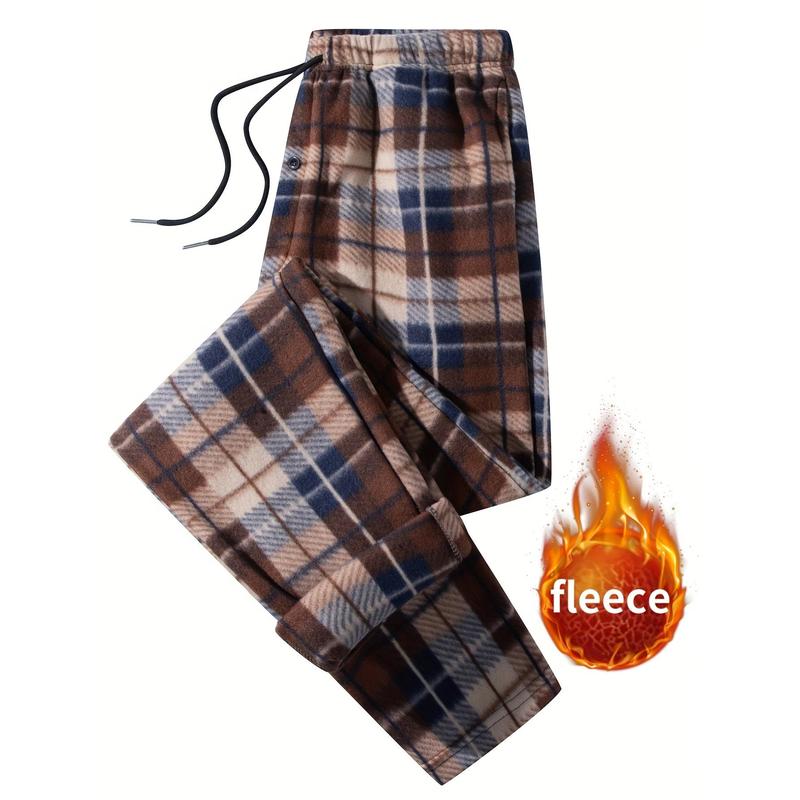 New-2pcs Plaid Pattern Men's Flannel Warm Long Drawstring Trousers With Pockets, Winter Fall Outdoor Casual Fabric