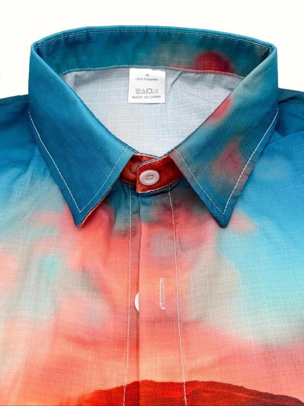 Men's Parrot & Cocktail Print Button Front Shirt, Regular Fit Casual Short Sleeve Collared Top for Summer, Men's Clothes for Beach Vacation