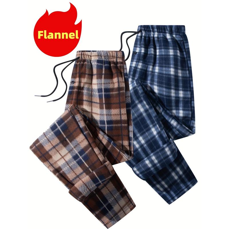 New-2pcs Plaid Pattern Men's Flannel Warm Long Drawstring Trousers With Pockets, Winter Fall Outdoor Casual Fabric