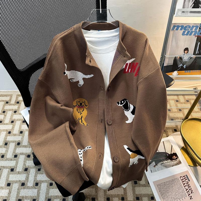 Fashion Casual Retro Cartoon Puppy Embroidered Knitted Cardigan Sweater for Men and Women New Lazy Sweater Coat Trendy Cool Handsome