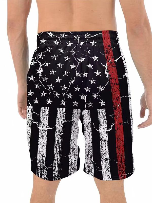 Men's Loose Flag Print Drawstring Waist 4th of July Shorts, Casual Pocket Elastic Waist Shorts for Summer, Back-to-School Clothing, Mens Bottoms for Daily Wear