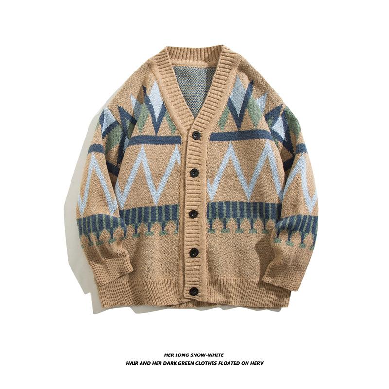 Retro Lazy V-neck Sweater Contrast Color Closing Line Coat Loose All-Matching Cardigan Sweater for Men and Women