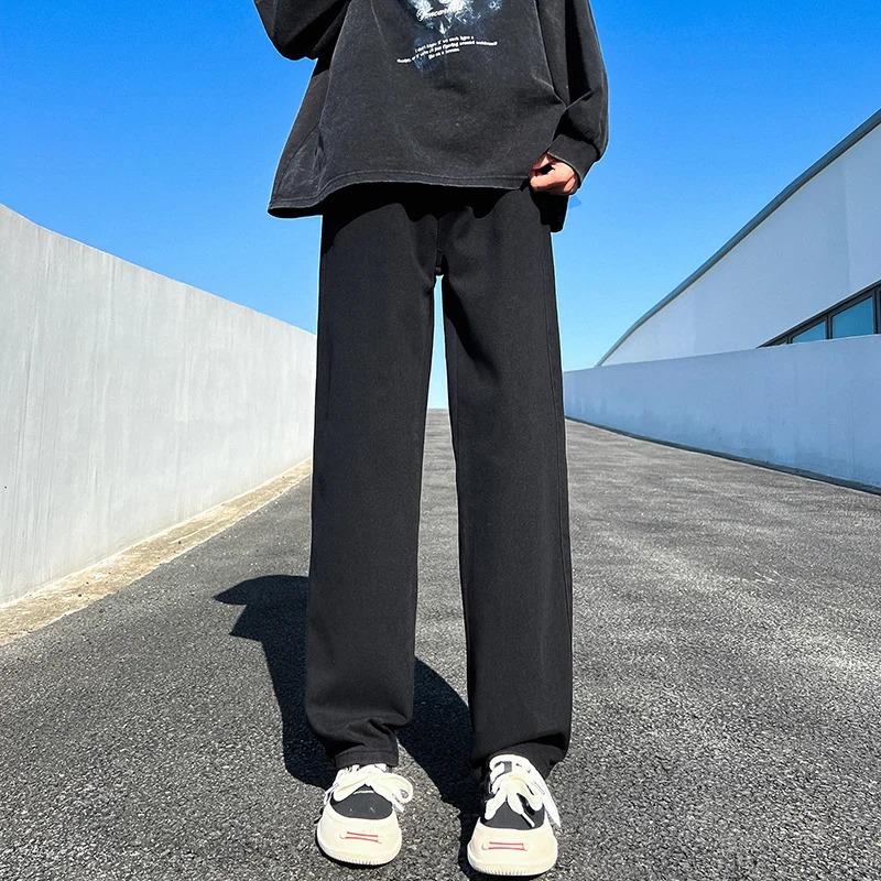 New Men's Denim Wide-leg Pants Korean Style Straight Loose Jeans Street Hip-hop Daily Casual Student Trousers Black Gray Blue