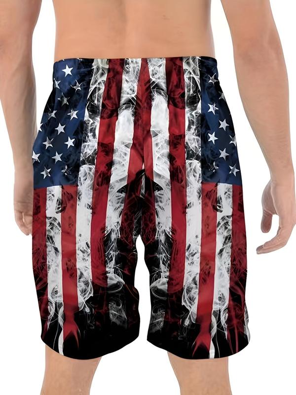 Men's Loose Flag Print Drawstring Waist 4th of July Shorts, Casual Pocket Elastic Waist Shorts for Summer, Back-to-School Clothing, Mens Bottoms for Daily Wear