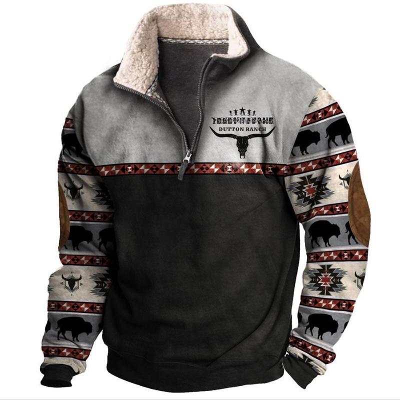 Men's Western Fleece Pullover Hoodie- Cozy Half-Zip Sweater with Vintage Tribal Print, Perfect for Winter Warmth