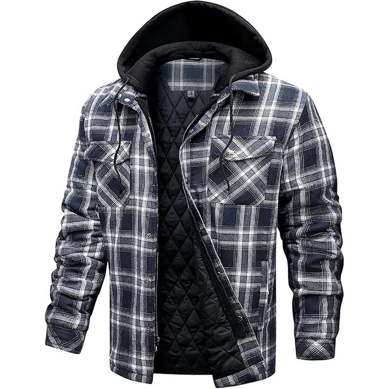 Men's Plaid Print Button Front Drawstring Hooded Shirt, Flannel Jackets for Men Long Sleeve ,Shirts for Men, Back To School Outfits, Regular Fit Street Long Sleeve Pocket Hoodie Top, Men's 2000s Shirts Streetwear, Errands Outfit, Mens Shirts hoodie jacket