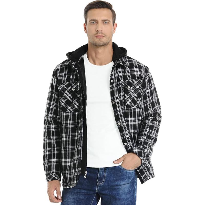 Men's Plaid Print Button Front Drawstring Hooded Shirt, Flannel Jackets for Men Long Sleeve ,Shirts for Men, Back To School Outfits, Regular Fit Street Long Sleeve Pocket Hoodie Top, Men's 2000s Shirts Streetwear, Errands Outfit, Mens Shirts hoodie jacket