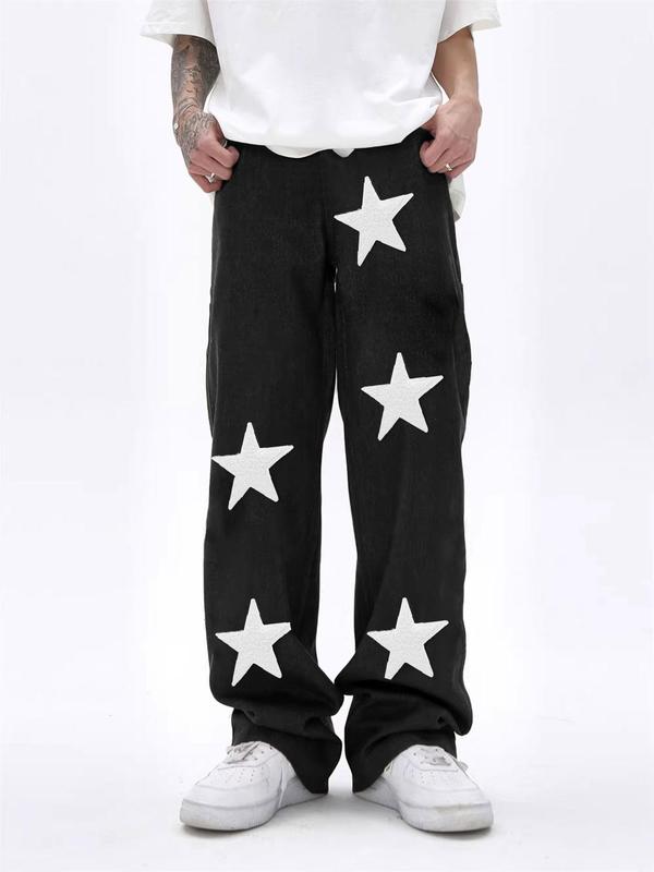 Men's Star Embroidery Drawstring Waist Sweatpants, Casual Street Pocket Straight Leg Trousers for Men, Woven Bottoms for All Seasons