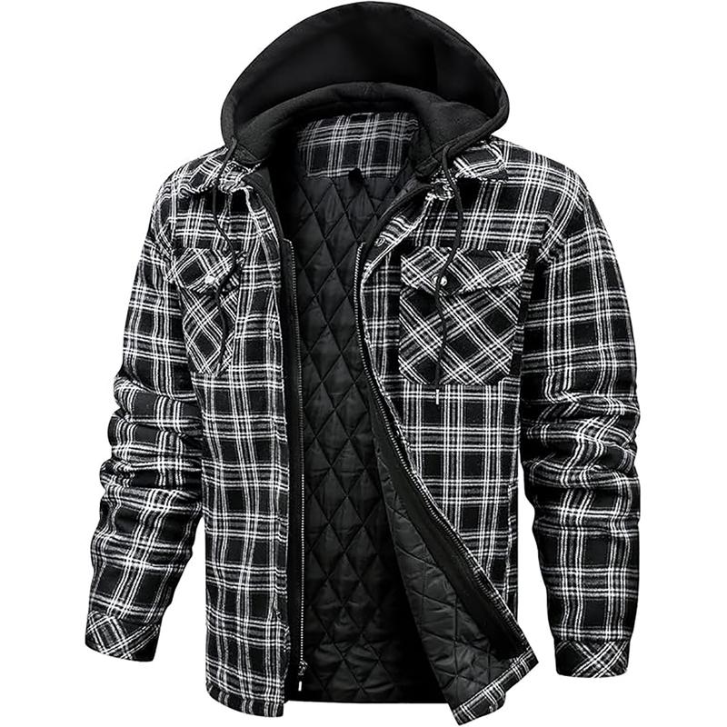 Men's Plaid Print Button Front Drawstring Hooded Shirt, Flannel Jackets for Men Long Sleeve ,Shirts for Men, Back To School Outfits, Regular Fit Street Long Sleeve Pocket Hoodie Top, Men's 2000s Shirts Streetwear, Errands Outfit, Mens Shirts hoodie jacket