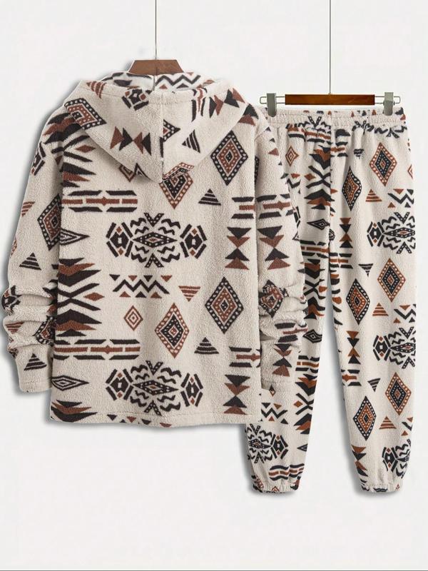 Men's Ethnic Pattern Button Front Fuzzy Jacket & Drawstring Waist Pants Two-piece Set, Regular Fit Casual Long Sleeve Hooded Outerwear & Pocket Trousers for Fall & Winter, Men 2 Piece Pants Sets, Men's Two-piece for Daily Wear