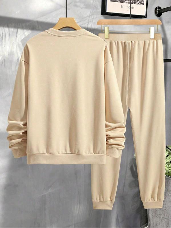 Men's Letter Print Drop Shoulder Thermal Lined Sweatshirt & Drawstring Waist Pants Two-piece Set, Regular Fit Casual Fashion Cozy Round Neck Long Sleeve Pullover & Trousers for Daily Wear, Men's Two-piece Outfits for Spring & Fall