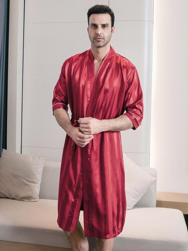 Men's Loose Belted Satin Robe, Casual Soft Comfortable 3 4 Sleeve Dressing Gown For Men, Sleepwear For All Seasons