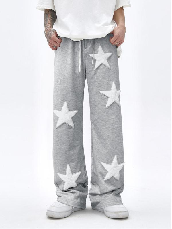 Men's Star Embroidery Drawstring Waist Sweatpants, Casual Street Pocket Straight Leg Trousers for Men, Woven Bottoms for All Seasons