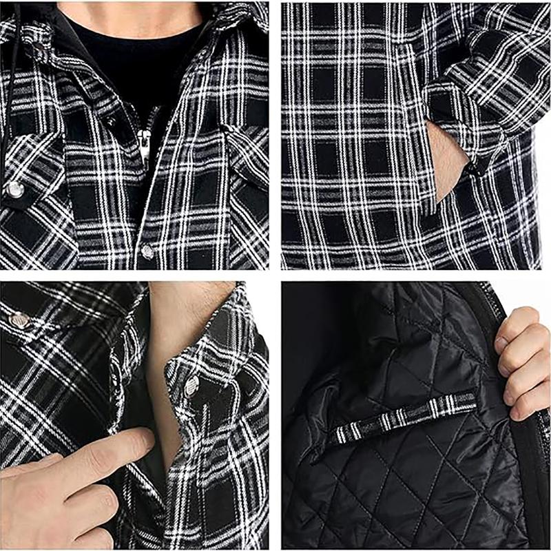 Men's Plaid Print Button Front Drawstring Hooded Shirt, Flannel Jackets for Men Long Sleeve ,Shirts for Men, Back To School Outfits, Regular Fit Street Long Sleeve Pocket Hoodie Top, Men's 2000s Shirts Streetwear, Errands Outfit, Mens Shirts hoodie jacket