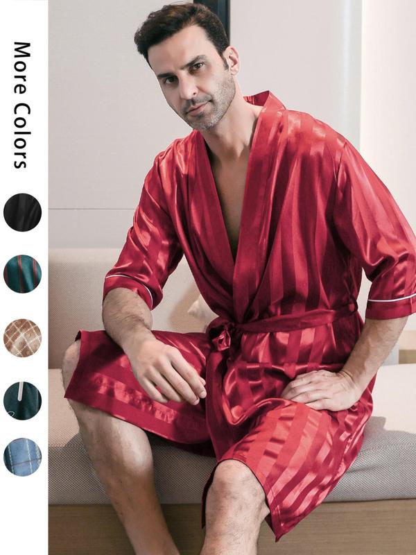 Men's Loose Belted Satin Robe, Casual Soft Comfortable 3 4 Sleeve Dressing Gown For Men, Sleepwear For All Seasons