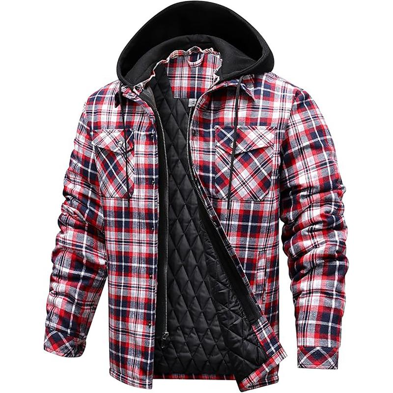 Men's Plaid Print Button Front Drawstring Hooded Shirt, Flannel Jackets for Men Long Sleeve ,Shirts for Men, Back To School Outfits, Regular Fit Street Long Sleeve Pocket Hoodie Top, Men's 2000s Shirts Streetwear, Errands Outfit, Mens Shirts hoodie jacket