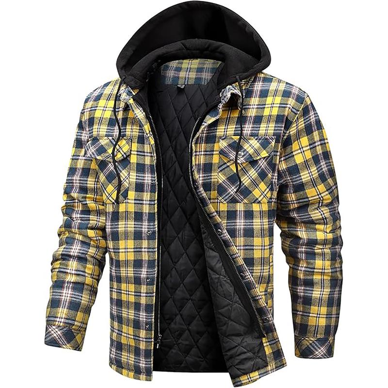 Men's Plaid Print Button Front Drawstring Hooded Shirt, Flannel Jackets for Men Long Sleeve ,Shirts for Men, Back To School Outfits, Regular Fit Street Long Sleeve Pocket Hoodie Top, Men's 2000s Shirts Streetwear, Errands Outfit, Mens Shirts hoodie jacket