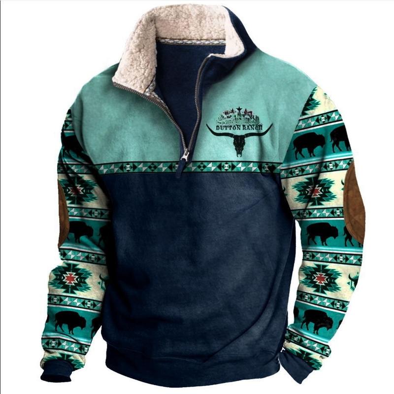 Men's Western Fleece Pullover Hoodie- Cozy Half-Zip Sweater with Vintage Tribal Print, Perfect for Winter Warmth