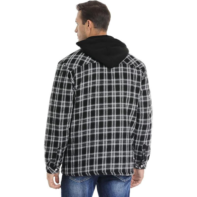 Men's Plaid Print Button Front Drawstring Hooded Shirt, Flannel Jackets for Men Long Sleeve ,Shirts for Men, Back To School Outfits, Regular Fit Street Long Sleeve Pocket Hoodie Top, Men's 2000s Shirts Streetwear, Errands Outfit, Mens Shirts hoodie jacket