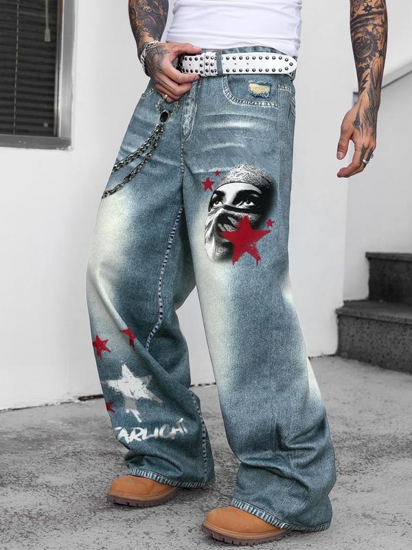 Unisex's Star & Figure & Denim-Effect Print Pocket Straight Leg Pants, Street Fashion Casual Button Fly Trousers for Daily Wear, Mens Bottoms for All Seasons