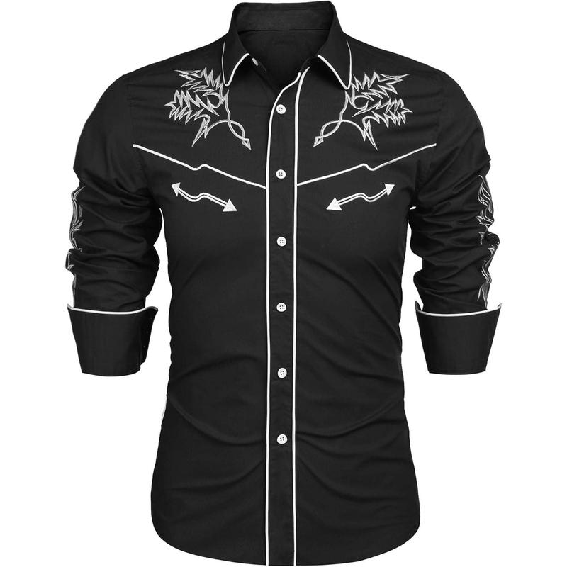 Men's Western Cowboy Shirt Long Sleeve Embroidered Shirt Slim Fit Cotton Casual Button Down Shirt