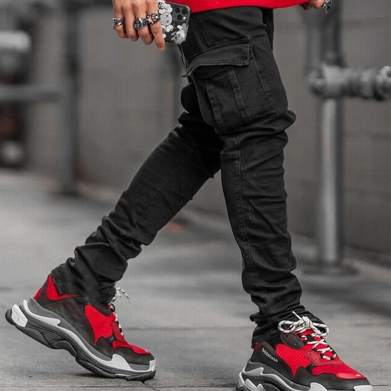 Street Elastic Jeans Men Denim Cargo Pants Wash Solid Color Multi Pockets Casual Mid Waist Trousers Slim Fit Daily Wear Joggers