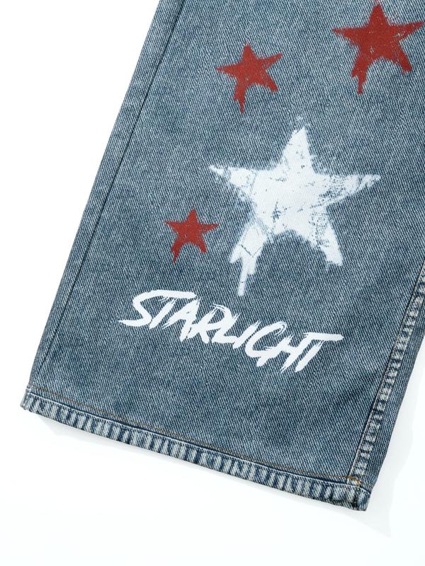 Unisex's Star & Figure & Denim-Effect Print Pocket Straight Leg Pants, Street Fashion Casual Button Fly Trousers for Daily Wear, Mens Bottoms for All Seasons