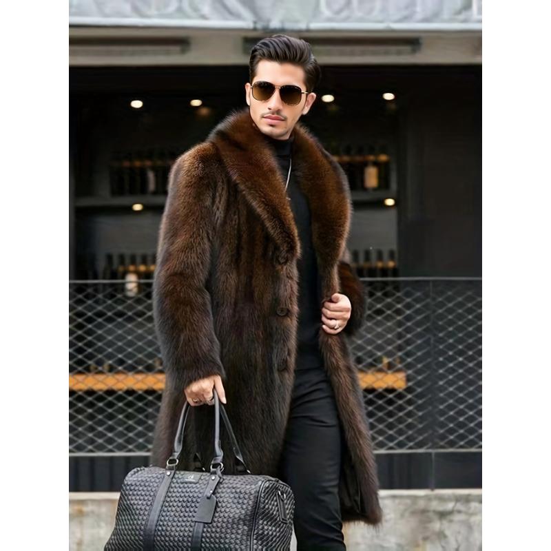 Fashionable Design Men's Faux Fur Single Breasted Overcoat, Trendy And Elegant Warm Long Jacket For Autumn And Winter Outdoors Leisurewear Collar Fabric Collar Fabric Collar Fabric Collar Fabric Collar Fabric Collar Fabric