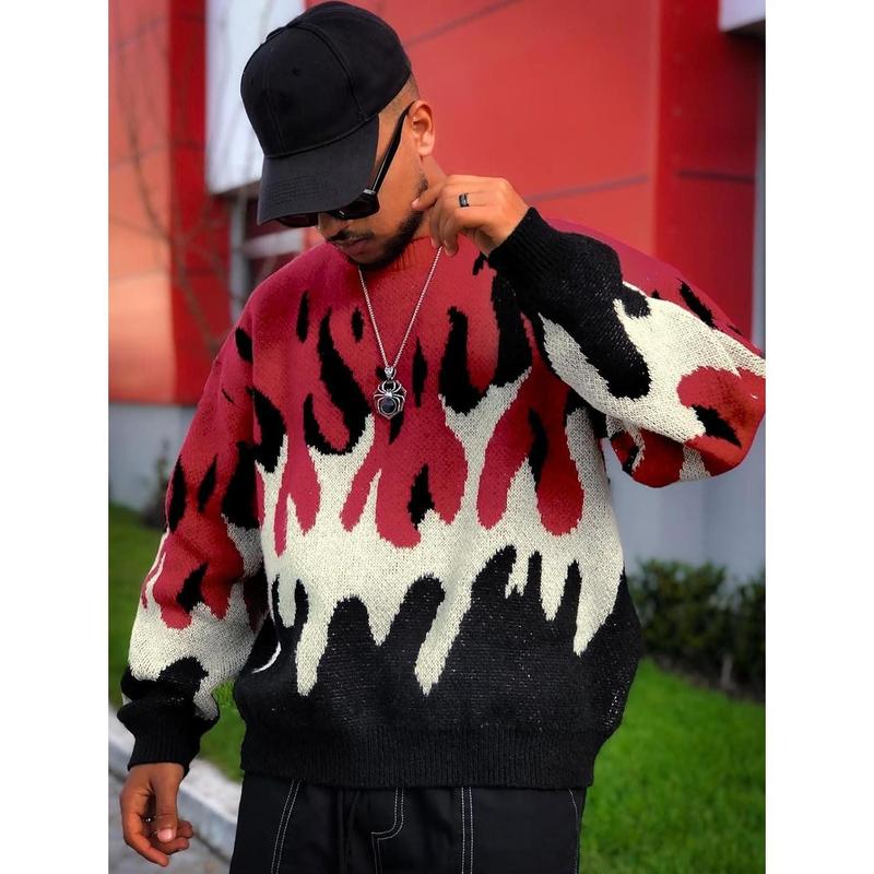 Men's Oversized Sweater Y2K Aesthetic Flame Graphic Crewneck Knit Pullover Unisex Casual Sweaters